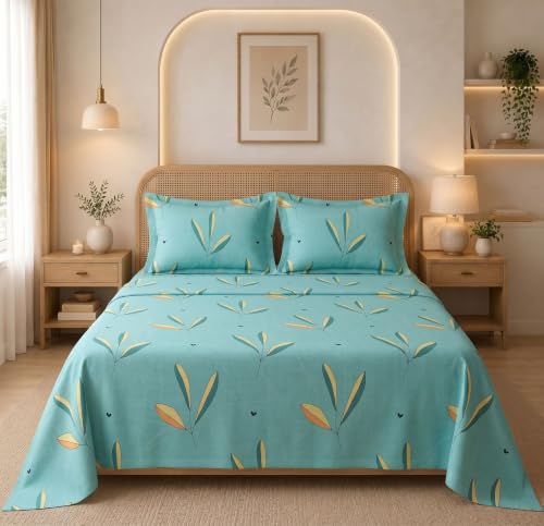 Image of HOMEKART Glace Cotton 160 TC Leaf Printed Double Bedsheet with 2 King Size Pillow Covers | Soft & Durable | 86 x 88Inches (Green)