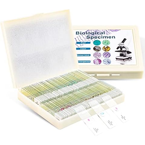 100 Pcs Microscope Slides Prepared in Box for Basic Biological Science Education,Microscope Slides for Kids Children Students with Animals Insects Plants Sample Lab Specimens… Cover