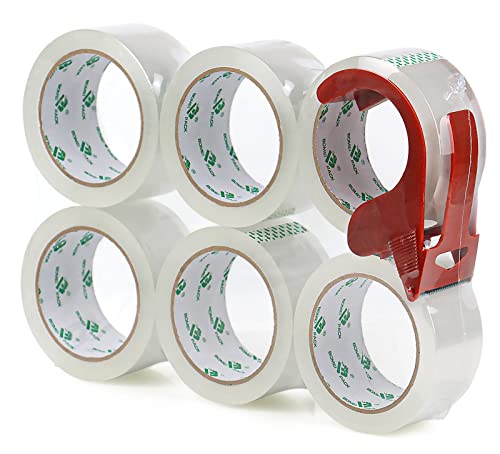 BOMEI PACK 6 rouleaux de ruban adhésif transparent pour emballage 48 mm x 66 m avec dévidoir, ruban adhésif déménagement, bureau et stockage