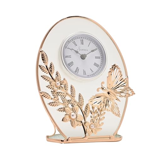 Sophia Classic Collection - Gold Butterfly Quartz Mantel Clock with Embossed Floral Design. Beautiful Home Decor Gifting for Living Room, Bedroom or Dining Room. H:16.5 x W:12.5 x D:4.5 cm