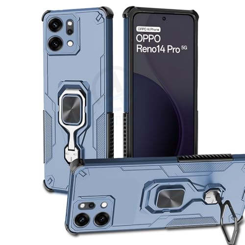 Image of AESTMO Armor Back Cover for Oppo Reno 14 Pro 5G | Ring Holder & Kickstand & Camera Protection in-Built | 360 Degree Protection Back Case Cover (Blue)