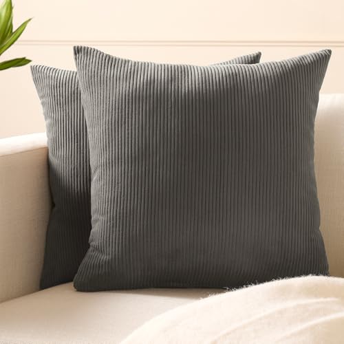 Image of Encasa XO Corduroy Cushion Covers, No Inserts, Set of 2, Dark Grey