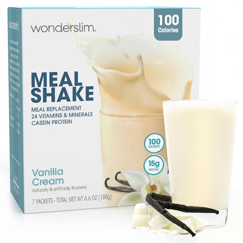 WonderSlim Protein Meal Replacement Shake – 15g Protein, 24 Vitamins & Minerals, Low Carb, Low Calorie, Gluten Free – Meal Replacement Drink for Weight Management, 7 Count Packets (Vanilla Cream)