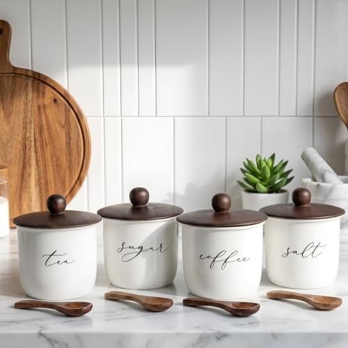 Image of Kitchen Canister Set of 4, White Metal with Wooden Lid, Tea Sugar Coffee Salt Storage Jars, 800ml, 11x15 cm | Food-Safe Jar Set for Kitchen counter top Container