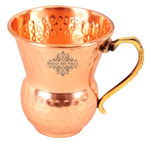 Indian Art Villa Pure Copper Beer Mug Cup, Mathat Shaped Hammered Design Moscow Mule Beer Mug Cup, Barware and Drinkware, Volume- 14 Oz, Set of 2
