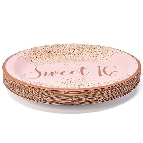 Sweet 16 Birthday Party Supplies Tableware Set Includes 24 9" Paper Plates 24 7" Plate 24 9 Oz Cups 50 Lunch Napkins For Teens Girls Sixteen Year Old Pink And Gold Dot Themed Disposable Dinnerware #TOP1