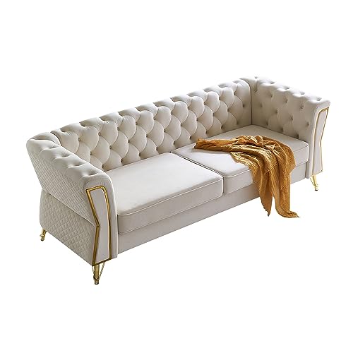 Image of KEIKI 87 inch Chesterfield Velvet Button Tufted Sofa with High Density Foam Cushions, Modern Style 3-Seater Couch with Gold Strip Trim Decoration, Easy Assembly, for Apartment, Living Room, Office, Beige