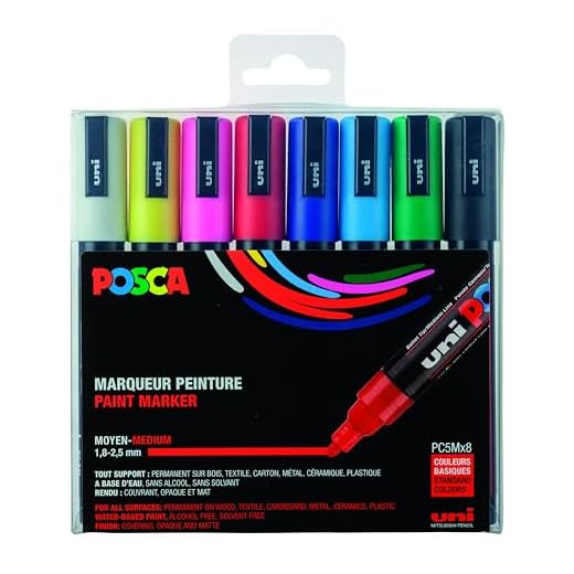 POSCA - Uni Mitsubishi Pencil - 8 Marqueurs PC5M - Pointe Conique - Couleurs Classiques Pointe Moyenne - Marqueurs Peinture à Base d'eau - Tout Support - pour Papier, Textile, Verre, Galet, Bois