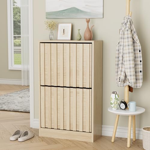 UEV Armoire à Chaussures avec 2 Abattants, Meuble à Chaussures Inclinable, Étagère Réglables et Amovibles, Motif en Ligne, pour Entrée, Couloir, Salon,...