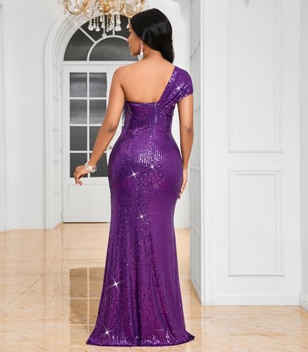 Image of Cololura Women Sexy Sequin One Shoulder Mermaid Formal Party Cocktail Gowns Bodycon Evening Maxi Dress
