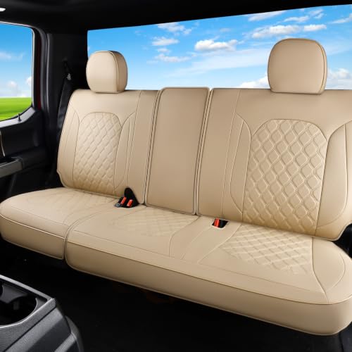 Image of Huidasource F250 Rear Seat Covers, Beige Leather Back Seat Cushion Cover Fit for Ford F150 2015-2026&F250 F350 F450 2017-2026 Crew Cab XL XLT Lariat King Ranch Platinum, Split Rear Seat Cover
