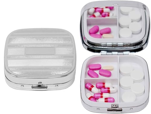 Stephanie Imports Personal Pill Organizers, Set of 2 Square-Shaped Pill Box with Mirror (Silver Etched Lines - Engraveable, 3 Compartments)