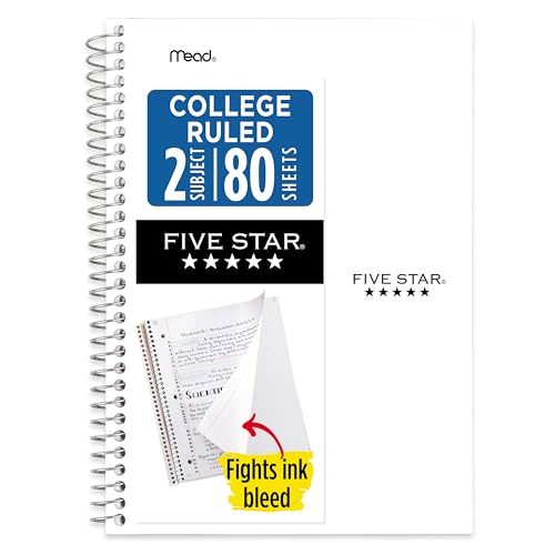 Image of Five Star Spiral Notebook, 2 Subject, College Ruled Paper, 6 inch x 9-1 /2 inch, 80 Sheets, Fights Ink Bleed, Water Resistant Cover, White (840029E)