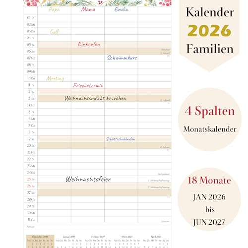 Familienplaner 2026 4 Spalten, Wandkalender Familienkalender 2026 Kalender -18 Monate Jan 2026 - Jun 2027, Planer Für Paare Und Familien, 22 x 43 cm