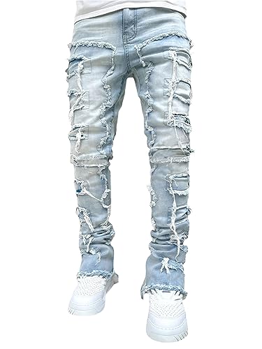SANSIWU Jeans for Men Stretch Fit Skinny Stacked Ripped Destroyed Jeans Fit Y2K Stacked Patch Jeans Hip Hop Streetwear Straight Trousers