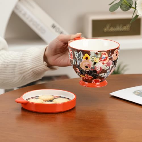 Taza grande de cerámica con tapa, 450 ml, diseño floral miniatura 7
