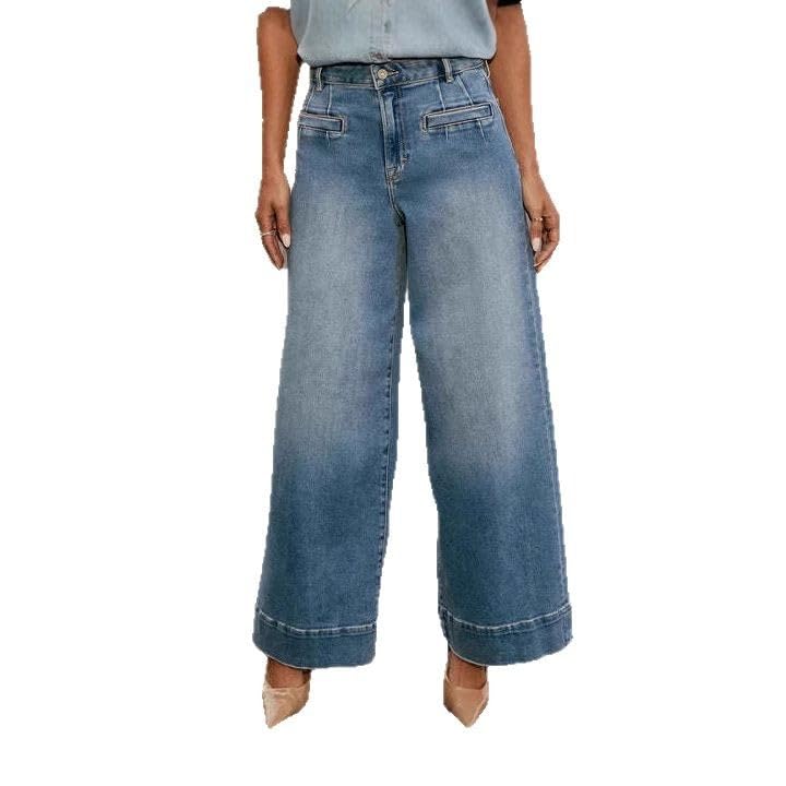 Jeans femme à jambes larges déchirés coupe lâche confortable en bleu