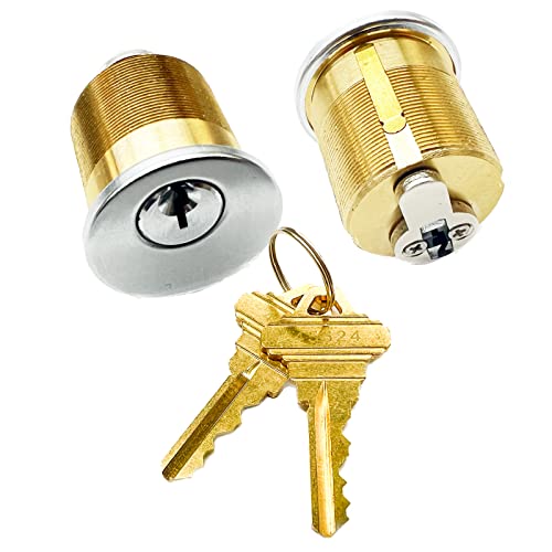 2 Pack Brass Mortise Door Cylinder Lock, 1-1/4" Inch Length Keyed Standard SC1 Keyway, Door Replacement Lock Cylinder with 2 Keys Suitable for Home and Commercial Use (Sliver).