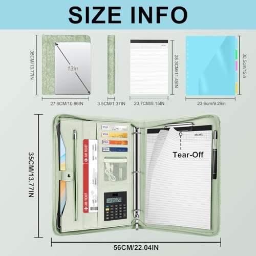 Image of Eshow Portfolio Organizer - 3 Ring Binder with Zipper, Vegan Leather Business Padfolio Folder with Notepad Includes 5 Color Sheet Protectors for Documents Files for Men Women