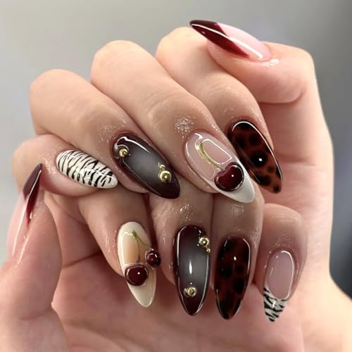 Mivota Medium Almond Press On Nails Leopard Cherry Zebra Design Brown Nude Glossy Reusable Acrylic Look False Nails Trendy Stylish Long-Lasting Fake Nail Set for Women 24PCS