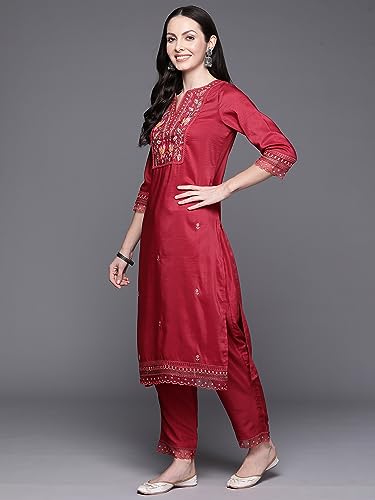 Image of INDO ERA Women's Maroon Embroidered Silk Blend Kurta with Pant & Dupatta Set