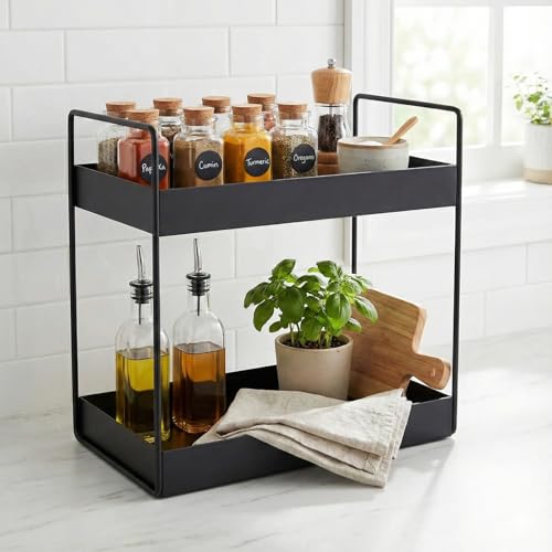 Image of Homify Metal 2-Tier Standing Spice Rack Storage Organizer, Bathroom Countertop Storage Shelf Cosmetic Organizer And Home /Kitchen Spice Rack (Black)
