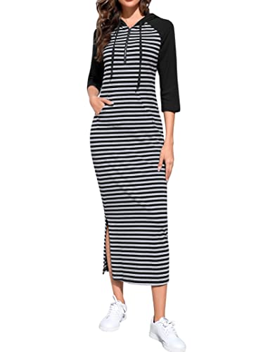 Image of MISSKY Women Casual Pocket Quarter-Zip Neck 3 /4 Sleeve Slim Split Pullover Hoodie Maxi Dress