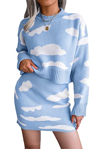 AMOMA Mujer Casual Nube Blanca Manga Larga Jersey de Punto y Minifalda lápiz Conjuntos de 2 Piezas Trajes(L,BlueCloud)
