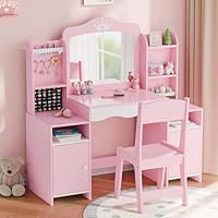 MU Kids Vanity, Girl Vanity Set with Mirror and Stool, 2 in 1 Toddler Makeup Vanity Table with Jewelry Storage, Wooden Princess Makeup Desk Dressing Table for Little Girls, (Pink)