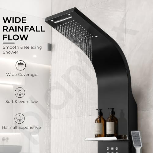 Image of Plantex Shower Panel /6 in 1 Shower System /304 Grade Stainless Steel Rainfall Showerhead with Handshower for Bathroom /Tub Spout /Body Massage Spray With Hot &cold Mixer-(1016, Black)