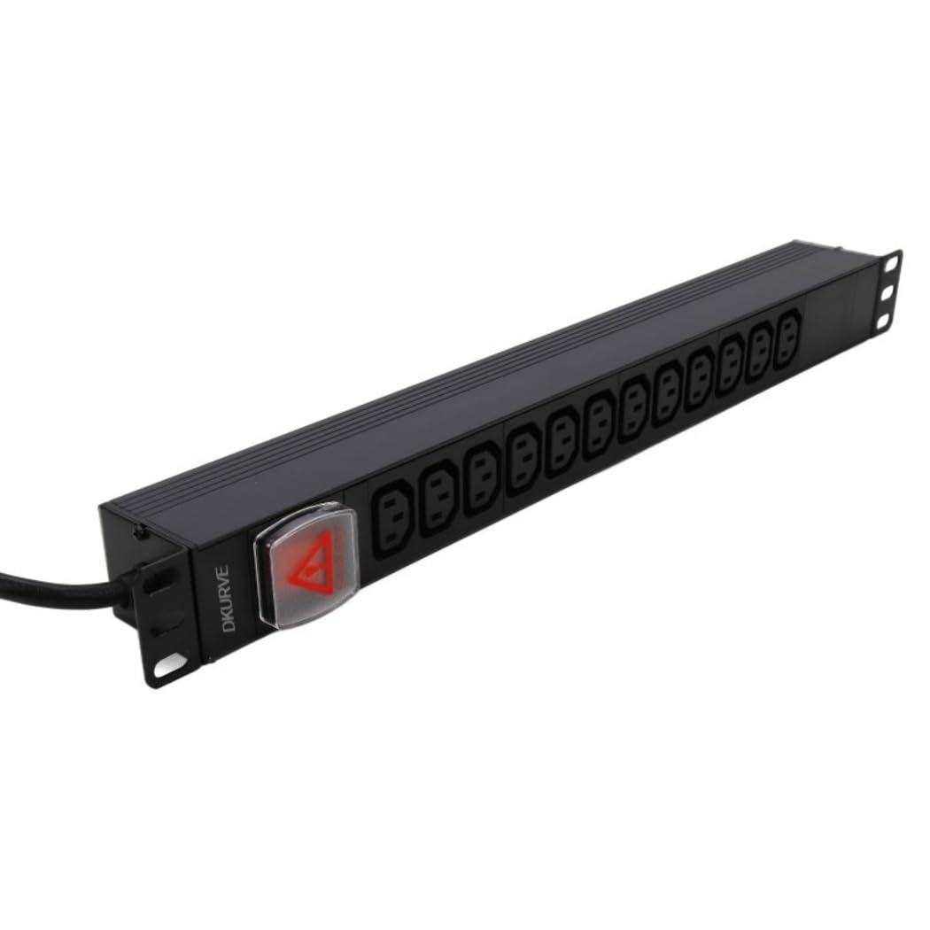 DKURVE PDU C13 Sockets 12-Way To C20 IEC 16A Power Distribution Unit Horizontal With 2M Cable; Robust Black Aluminium; Ideal For Data, Telecom, And HVAC 1U 19 Inch