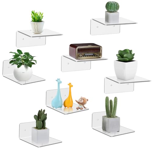 Bolidery 8 Pack Small Wall Shelf, 4'' Acrylic Shelves Display Ledges for Storage & Decoration, Small Floating Shelf for Wall with 2 Types of Installation (Adhesive or Screw)