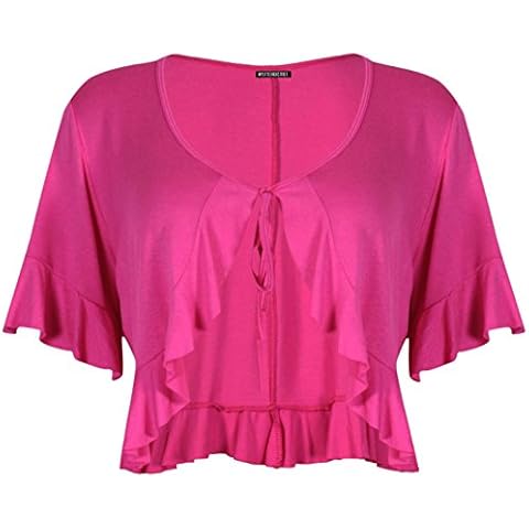 Womens Short Sleeve Ladies Stretch Frill Front Neck Tie Cropped Plain Cardigan Bolero Shrug Top Plus Size Cerise 16 - 18 Cover