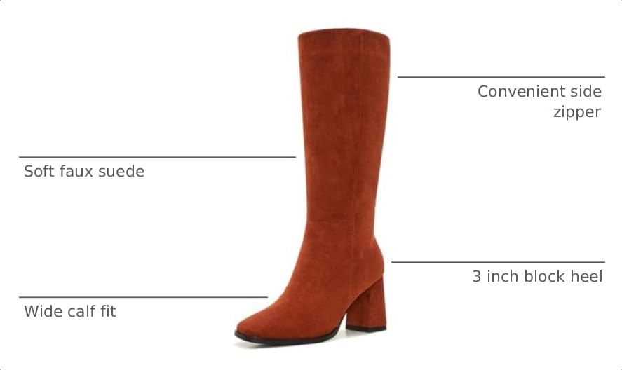 Image of Knee High Boots for Women - Wide Calf Boots with Zipper, Square Toe Tall Leather Boots, Chunky Heel Fashion Long Boots