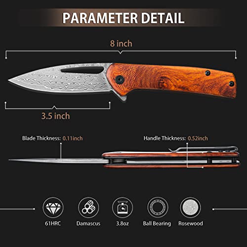 NedFoss PEGASUS Damascus Steel Pocket Knife, 3.5" Hand-Forged Ladder Pattern Folding Knife w/Rosewood Handle & Deep Carry Clip, Sharp EDC Camping Knives for Collection, Hunting Gift for Men Women