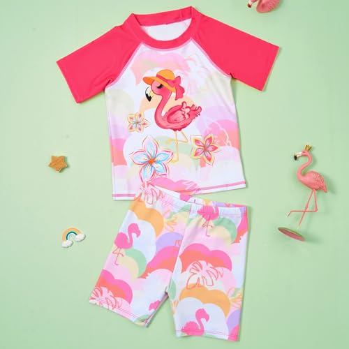 Image of WAWSAM 2 Pieces Girls Rash Guard Toddler Swimsuit Girl Swimsuit Short Sleeve Bathing Suit for 3-6 Years