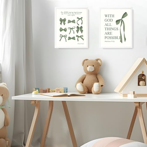 Image of LARTSFRO Coquette Green Bow Wall Art Decor Posters, Olive Green Bow Christian Room Bedroom Bathroom Dorm Wall Art Decor Aesthetic for College Teen Girls Gifts, Inspirational Bible Verses Bow Wall Decor, 10x8 Inch Set of 4 Pcs Bow Pictures (UNFRAMED)