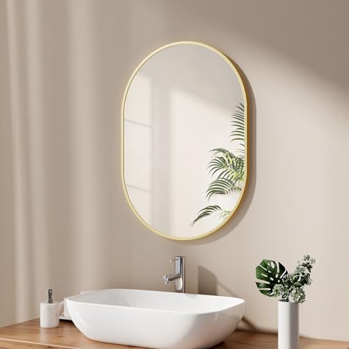 Emke - Espejo De Baño 50 X 70 Cm, Espejo De Pared Con Marco Dorado Cepillado, Espejo De Pared Ovalado, Horizontal O Vertical, Para Baño, Pasill Emke - Espejo De Baño 50 X 70 Cm, Espejo De Pared Con Marco Dorado Cepillado, Espejo De Pared Ovalado, Horizontal O Vertical, Para Baño, Pasill