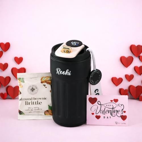 Image of Giftana Personalized Valentines Gift Set - Coffee Tumbler with Temperature Display, Brownie Brittle & Valentines Day Card - Valentine Gift for Girlfriend Boyfriend, Travel Mug 420ml - Black