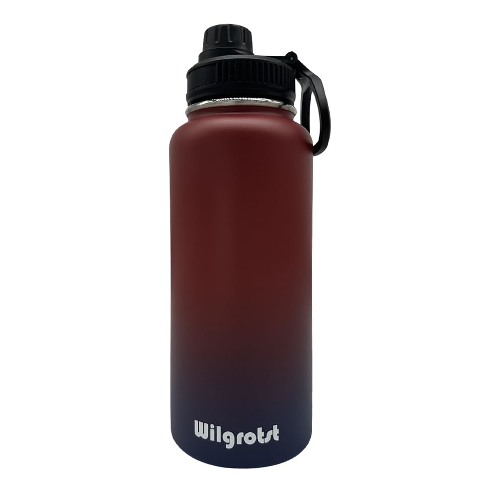 Wilgrotst Borraccia Termica 946 ml in Acciaio Inox, Bottiglia Termica a Doppia Parete con Cannuccia, 3 Tapp, Manico e Adesivi Impermeabili fai da te – Ideale per Campeggio, Ciclismo, Regalo, Rosso