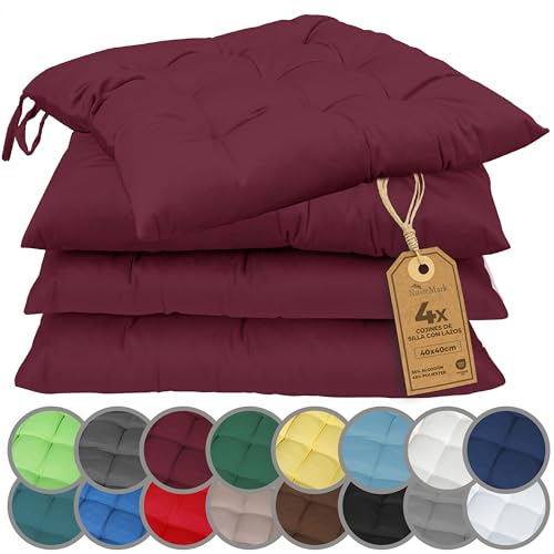 NatureMark Set de 4 Cojines para Sillas con Lazos 40x40 cm – Cojín de Asiento Relleno para Cocina, Jardín y Terraza – Color Rojo Burdeos