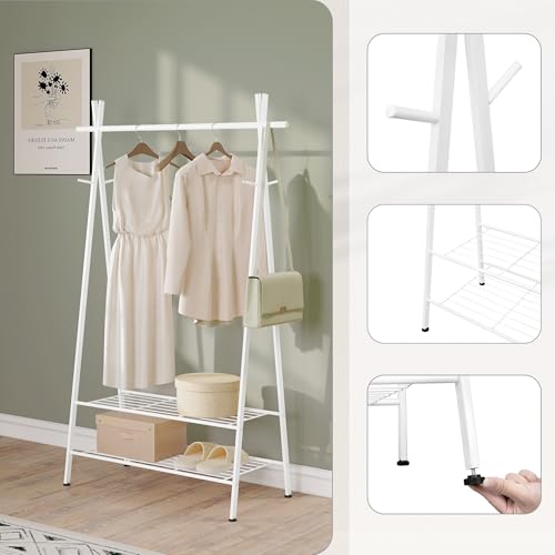 eSituro Kleiderständer Stabil mit Schuhablage Haken Garderobenständer mit Kleiderstange aus Metall Weiß
