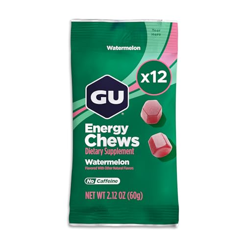 Image of GU Energy Chews, Watermelon Energy Gummies with Electrolytes, Vegan, Gluten-Free, Kosher, Caffeine-Free, and Dairy-Free On-The-Go Energy for Any Workout, 12 Bags (24 Servings Total)