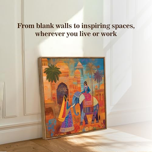 Image of PAINTINGMANTRA Rajasthani Elephant Folk Framed Painting For Living Room | Indian Traditional Large Canvas Painting With Frame Wall Art For Bedroom, Hallway's, Office, Hotel, Size 58x58 cm