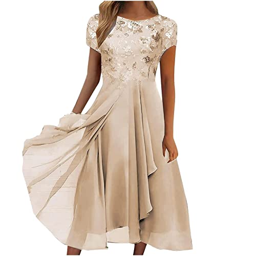 Sommerkleid Damen Festliche Kleider Für Hochzeitsgäste Elegante Midi Kleid A Linie Brautjungfernkleider Kurzarm Wedding Guest Dresses for Women(1-Gold,M)