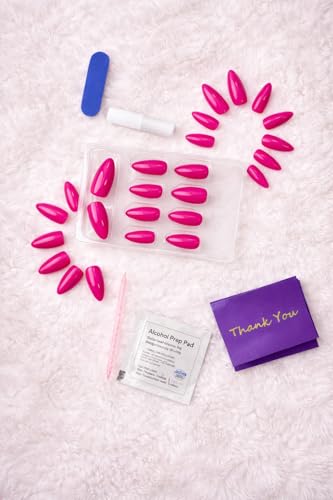 Image of 24 Pcs Reusable Press On Nails Fake Nails with Glue and Kit | Hot Pink Stiletto Press On Nails | Glossy Neon Pink Fake Nails | Reusable Stick On Nails for Women & Girls| ABS Material UV Protected Long Lasting Finish