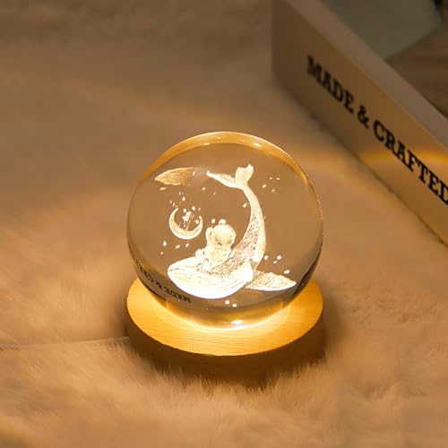 Image of 3D Whale Crystal Ball Lamp with Dimmable LED and Wooden Base, Night Light for Kids Teens Adults, Home Desk Office Bedroom Decor, Birthday Gift (2.4 inch / 6cm)