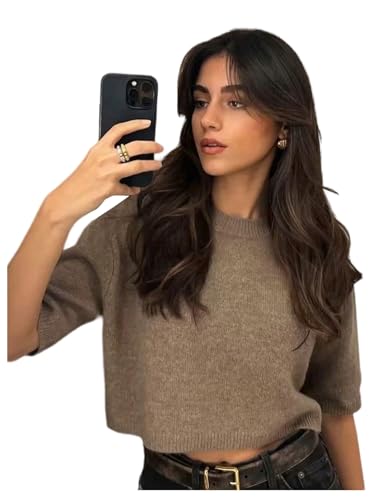 GORGLITTER Women's Short Sleeve Cropped Sweater Trendy Crew Neck Oversized Pullover Tops