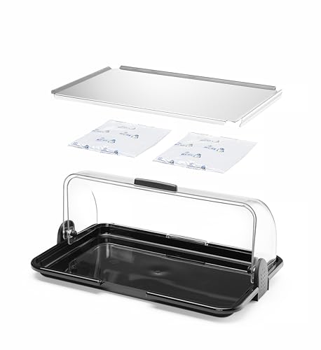 HENDI Buffet-Vitrine, 2 Gel-Einsätze zum Kühlen oder Erwärmen, Rolltop-Präsenter, Rolltop-Display, Käse- und Brotkasten, 465x315x(H)195mm, Edelstahl, PP