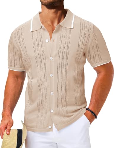 LETSEE Mens Short Sleeve Button Down Shirts Knit Polo Shirt Summer Beach Tops Resort Wear 2025
